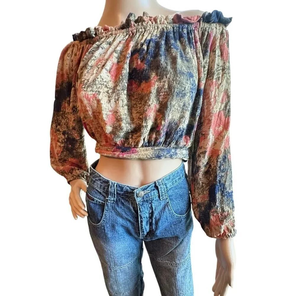 Free People BOHO Gypsy Colorful Artsy Off Shoulder Smocked Crop Top Size Medium